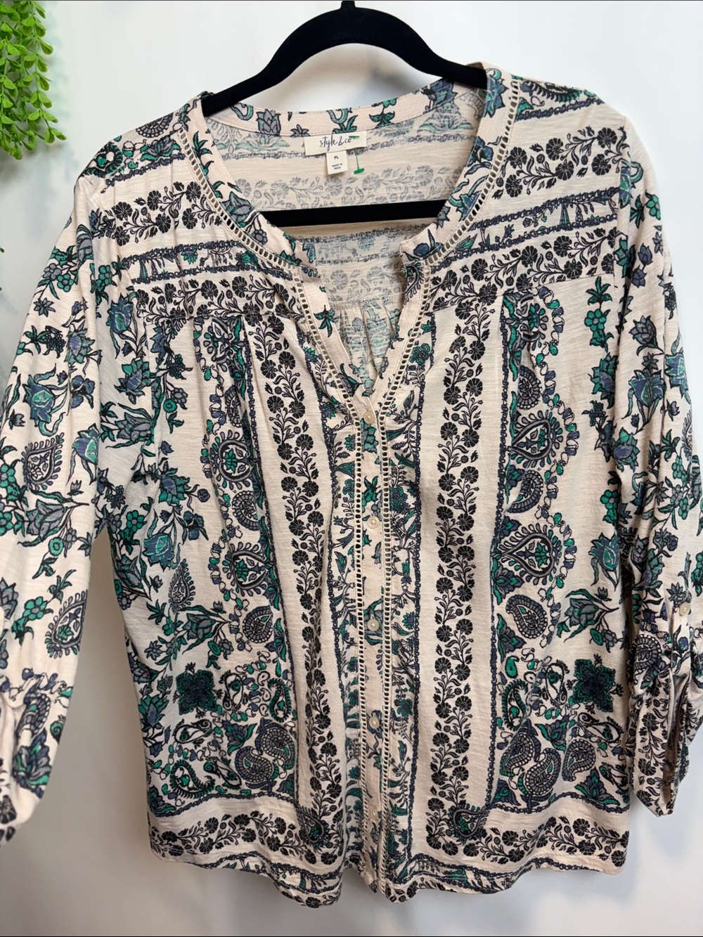 Style & Co. Cream Blouse with Green and Black Paisley Print
